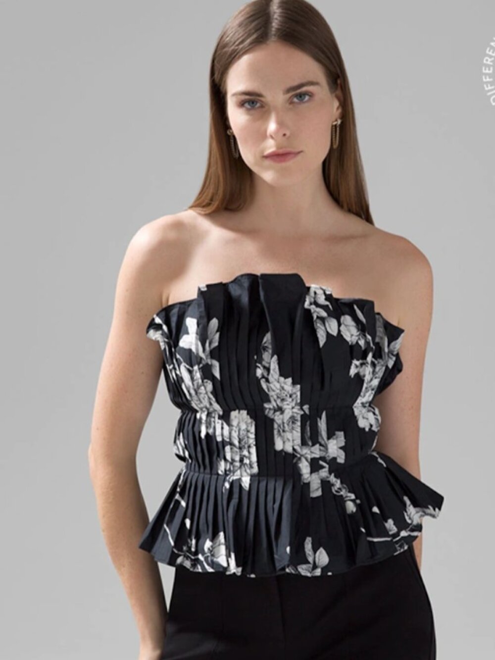 NWT WHBM SL OTT Ruffle Bustier Top 8 Peony Sketch Black Pleated Peplum $110